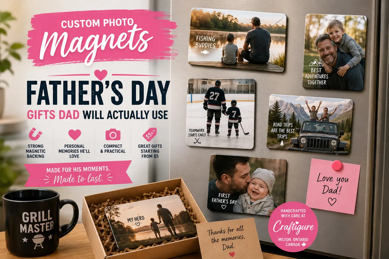 Custom magnets for Father's Day — handmade 2×3 photo fridge magnets dad will display