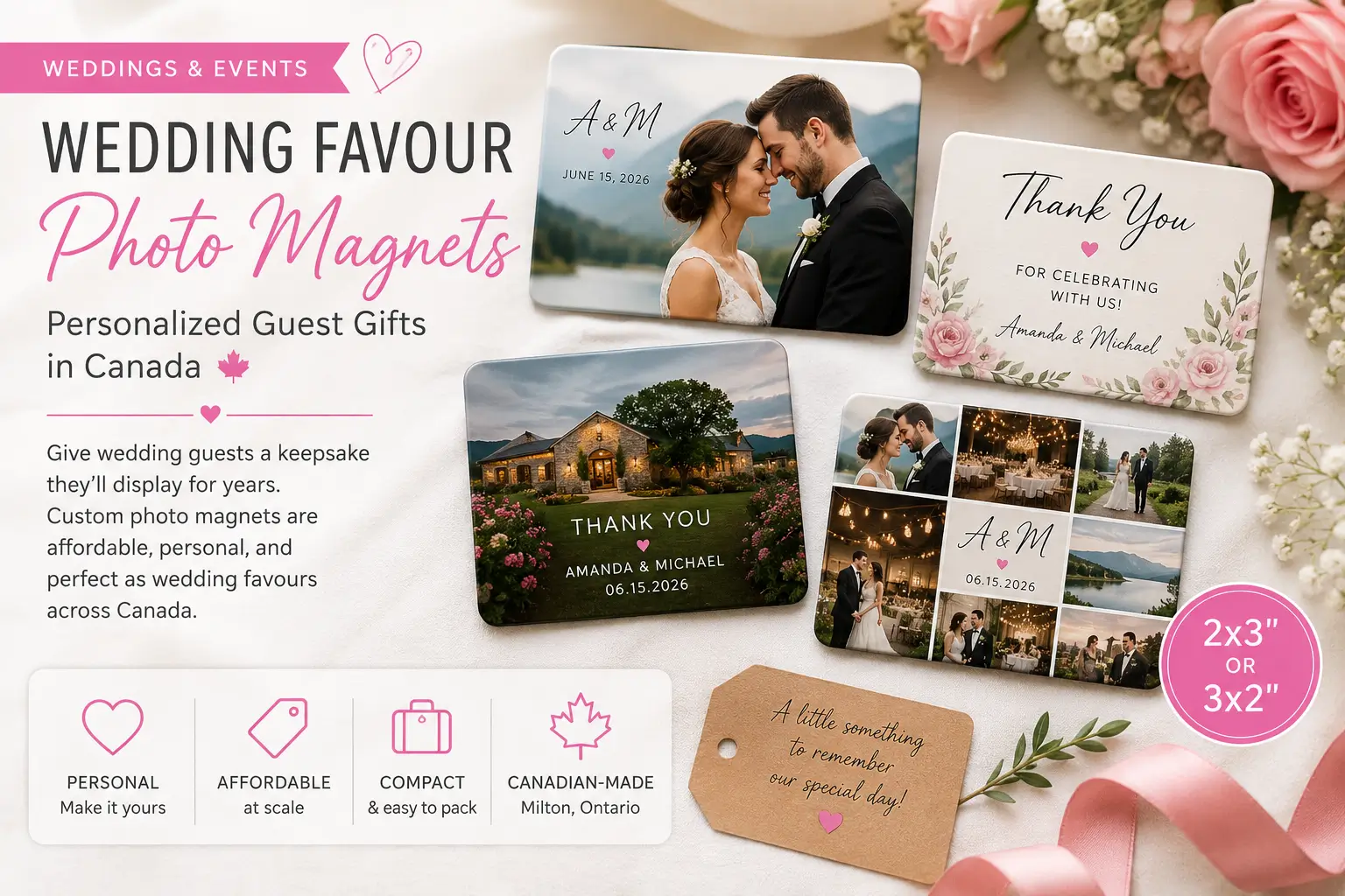 Save the date magnets with wedding photos — handmade 2×3 fridge magnets in Canada
