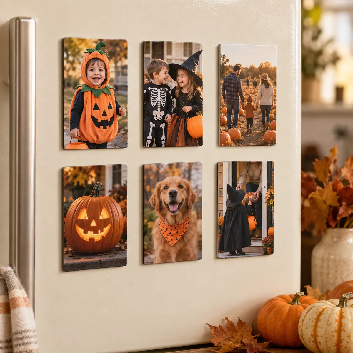 Six Halloween photo magnets showing costumes, a pumpkin patch, a jack-o-lantern, a dog and trick-or-treating