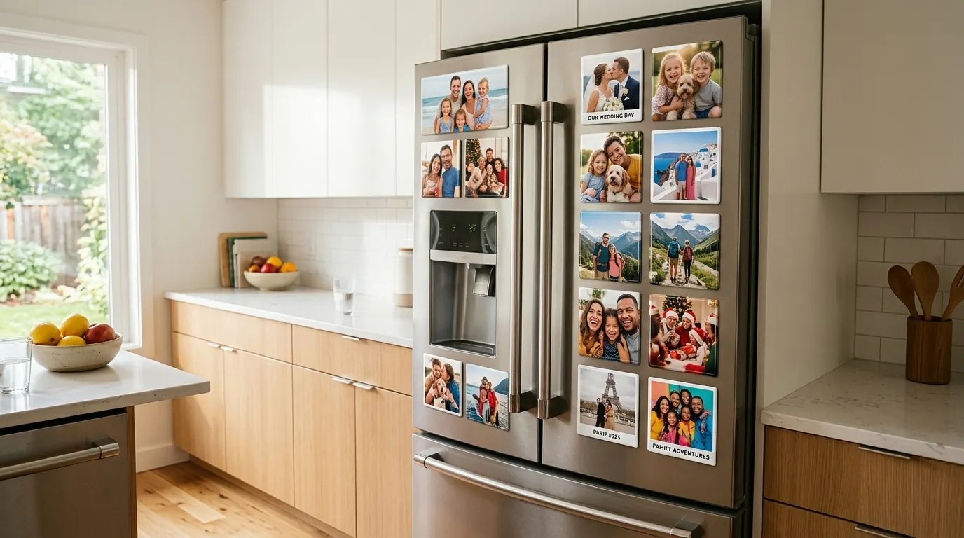 Handmade 2×3 custom photo magnets on a refrigerator in Canada