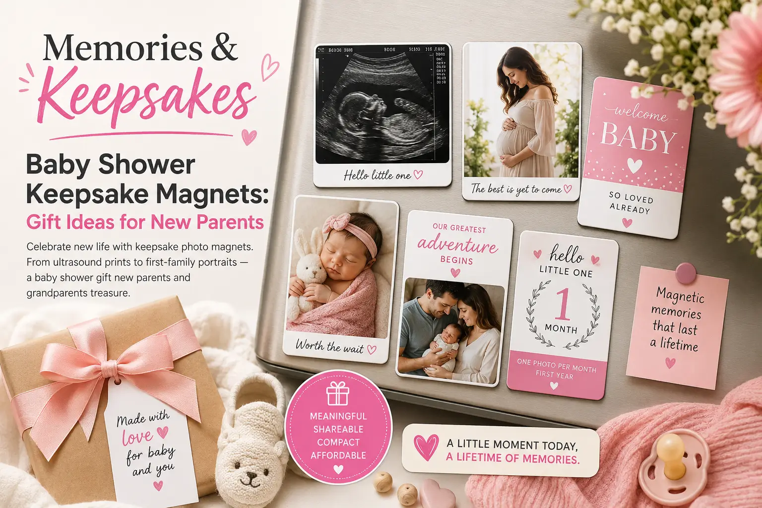 Baby shower photo magnets — ultrasound and newborn fridge keepsakes handmade in Canada